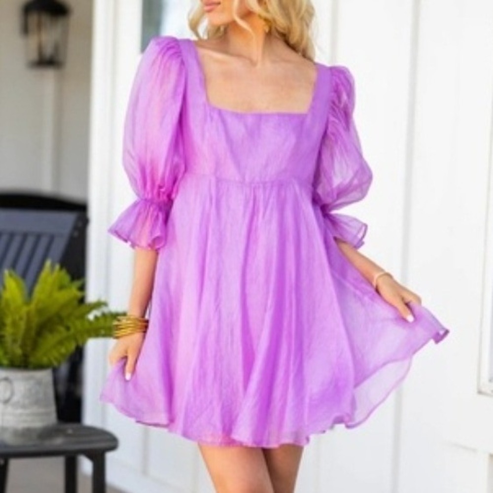 Buddy Love Betsy Babydoll Mini Dress Orchid Purple Puff Sleeve Smocked Large